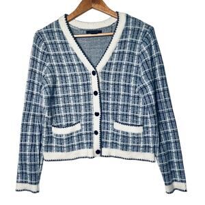 Tahari Blue White Grid Cardigan Sweater L Button Front Preppy Coastal Classic